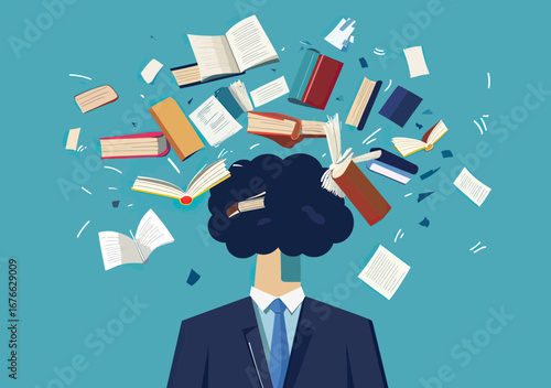Businessman with open head releasing flying books and pages symbolizing knowledge release and mental decluttering concept in flat minimalist style vector illustration