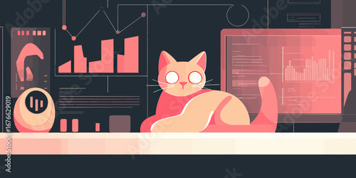 Flat minimalist illustration of cat sitting on desk surrounded by multiple digital screens displaying charts graphs and data analytics in dark futuristic office environment