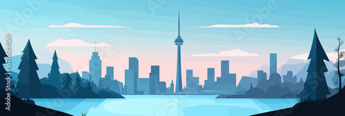 Minimalist flat vector illustration of Toronto skyline with CN Tower silhouette, urban cityscape at dusk, lake and forest foreground landscape
