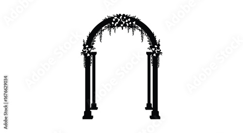 a black archway with spiky decorations on top and two pillars