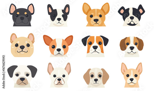 Collection of twelve small dog breed heads icons in flat minimalist vector style with diverse colors and expressions isolated on white background