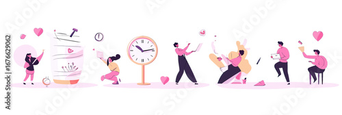 Conceptual illustration of people interacting with oversized love messages, hearts, clock, and paper planes in minimalist flat style showing communication and affection themes