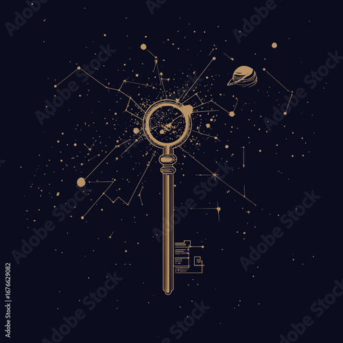 Golden vintage key with circular starry sky center and surrounding constellation lines with glowing planets and cosmic elements