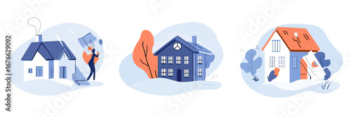 Housing market crisis concept with rising real estate prices inflation impact foreclosure distressed owner losing property flat vector illustration set