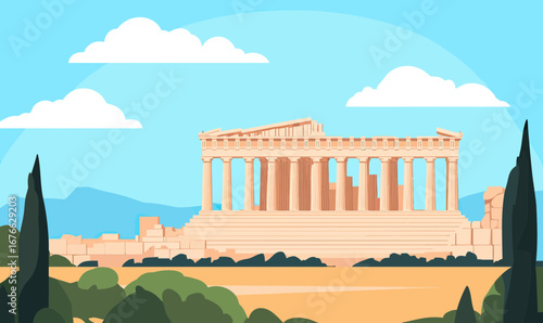 Acropolis of Athens ancient Greek temple Parthenon flat minimalist vector illustration with columns and classical architecture under blue sky and clouds