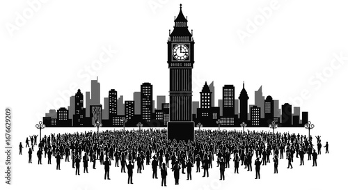A large crowd of people in front of the London city skyline