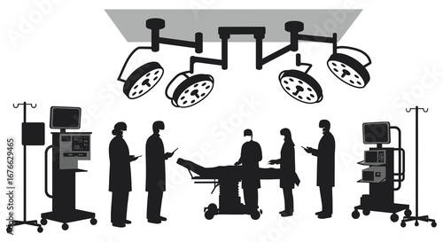 Medical team working in an operating room with equipment and lights