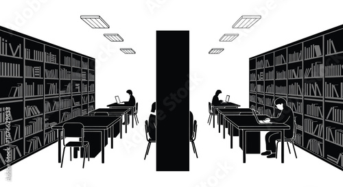 A library with people studying at tables between tall bookshelves
