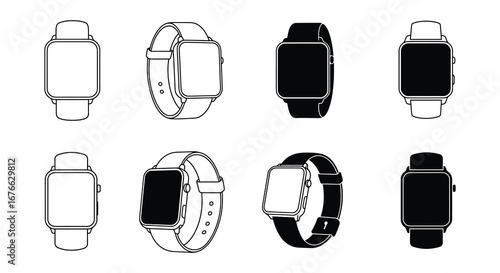 Collection of smartwatch illustrations in various styles and angles
