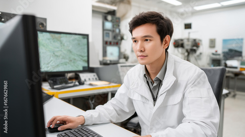 Wallpaper Mural Avionics Testing Laboratory Professional Asian male avionics engineer wearing lab coat testing aircraft navigation systems and flight control computers. High-tech aerospace testing facility  Torontodigital.ca