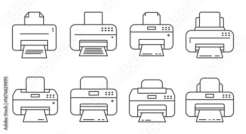 Various types of printers in a line drawing style