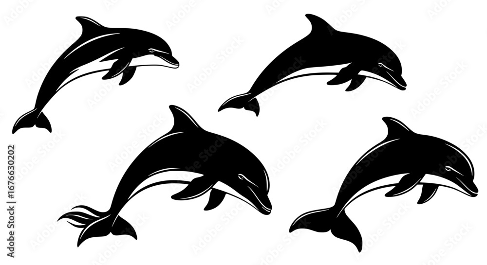 Naklejka premium Vector art of group of dolphin silhouettes jumping for POD