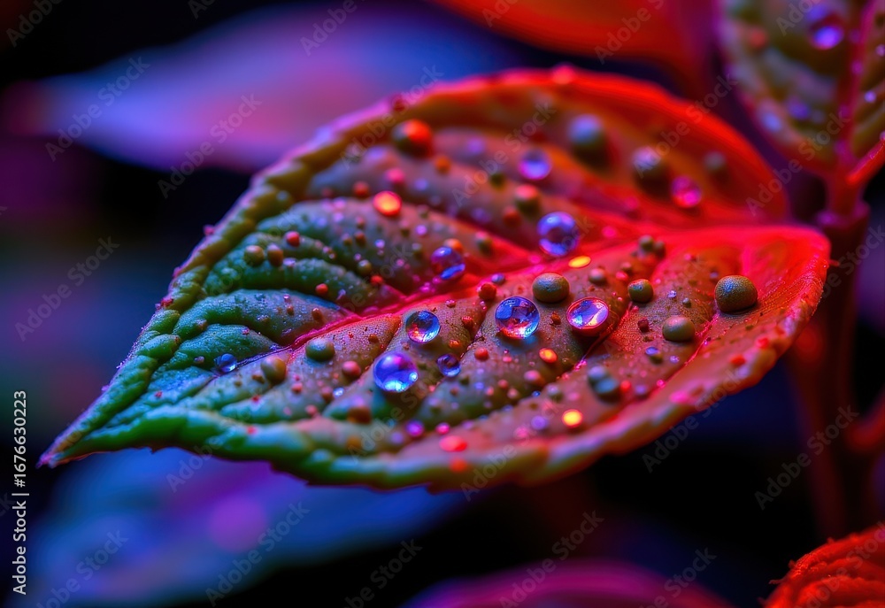 Obraz premium a macro view of a leaf absorbing red and blue led light particles, enhancing photosynthesis processes at a cellular level, demonstrating how led spectrum optimization drives healthy plant development.