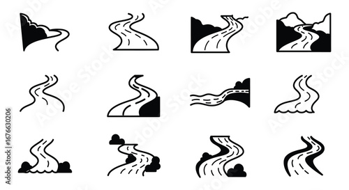 Collection of river and waterway icons in various styles and perspectives