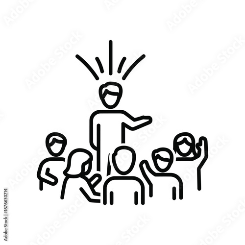 Leadership and Inspiration: A symbolic illustration of a leader guiding a group, radiating inspiration and vision, fostering collaboration, and direction