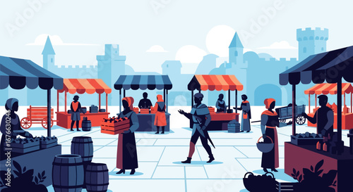 Medieval Market Scene with Merchants, Shoppers, and a Distant Castle