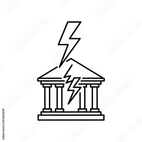 Financial Crisis Icon: A conceptual black and white icon of a building shattered by a lightning bolt, a stark symbol of the economic challenges and financial crises. 