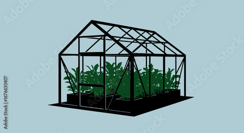 Minimalist Greenhouse Silhouette with Lush Green Plants Growing Inside