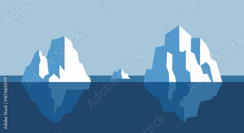 Minimalist Icebergs Floating in Calm Waters with Reflections