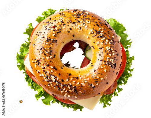 Overhead View of Open Bagel Sandwich, Ingredients Exposed, Isolated