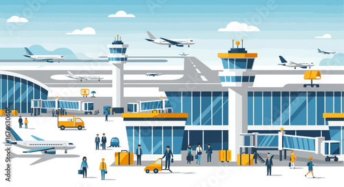 Modern Airport Scene Depicting Airplanes, Travelers, and Terminal Buildings
