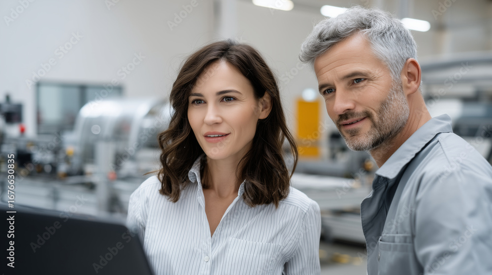 Obraz premium Industrial IoT Sensor Production Portrait of Caucasian female plant director and Middle Eastern male technical specialist collaborating with digital interface while overseeing automated asse