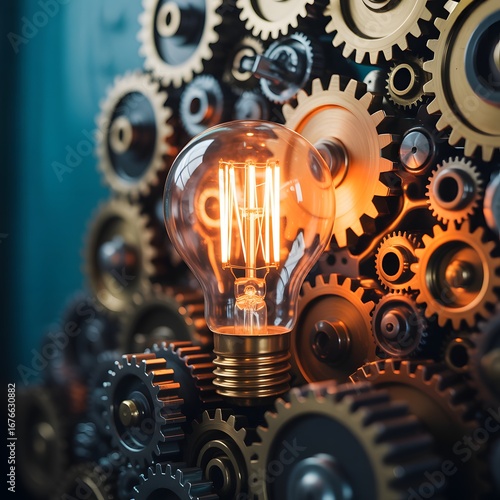 Illuminated edison light bulb glowing brightly amidst a complex arrangement of interlocking metal gears symbolizing innovation creativity and mechanical engineering