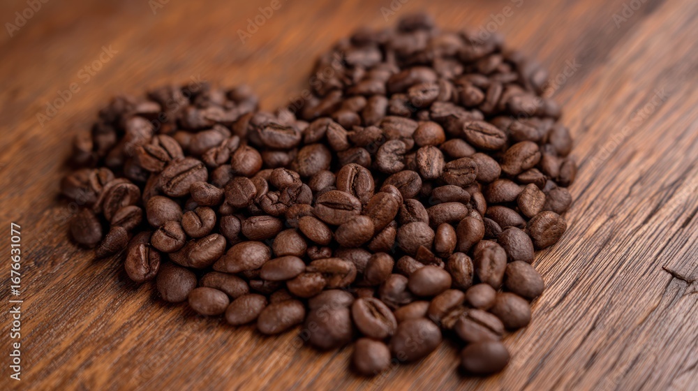 Fototapeta premium Heart-shaped arrangement of roasted coffee beans on a wooden surface, symbolizing love for coffee and fresh brews.