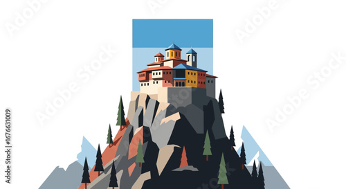 Mountain Monastery with Colorful Facades and Towering Evergreen Trees