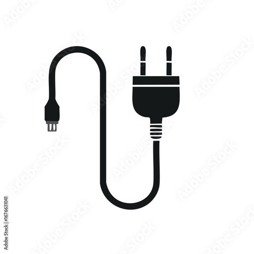 Black electrical cord with plug and connector white background