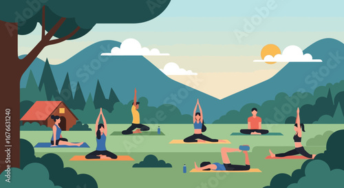 Outdoor Yoga Class with Mountain View and Cabin in the Background