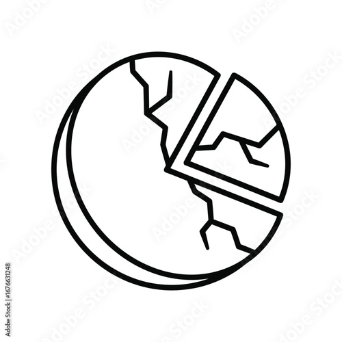 Divided Earth: A minimalistic and symbolic monochrome illustration of the planet Earth fractured, representing themes of division, environmental concerns, and vulnerability.