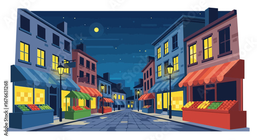 Nighttime street scene with fruit stands and glowing windows illustration