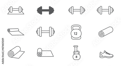 Fitness equipment icons including dumbbells and yoga mats