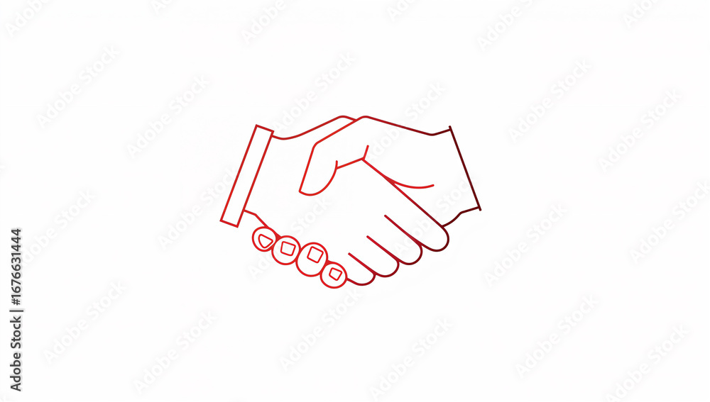 Fototapeta premium Two hands shaking red line art handshake agreement
