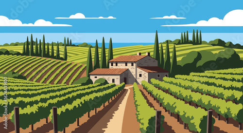 Picturesque Vineyard Landscape with Stone Buildings, Lush Greenery, and Blue Sky