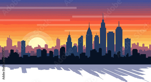 Pixelated Cityscape Silhouette at Sunset with Reflected Shadows
