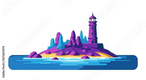 Purple Lighthouse on a Small Island with Blue Water