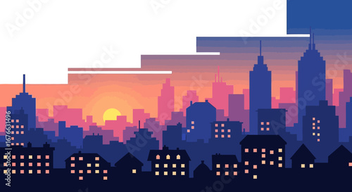 Pixelated Cityscape Silhouette at Sunset with Illuminated Windows and Towering Skyscrapers