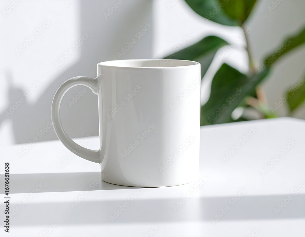Obraz premium Plain White Ceramic Mug on White Table – Clean Minimalist Product Mockup