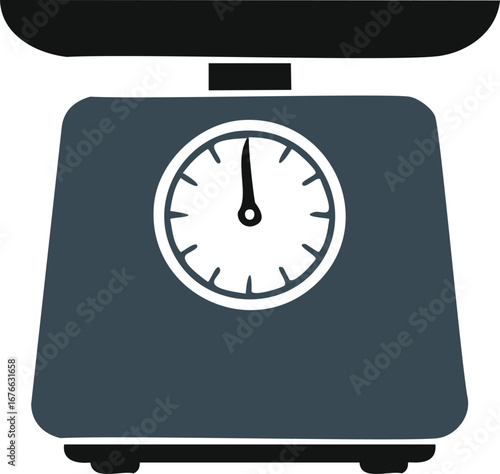 Dark gray scale with white dial and black pointer weighing measurement