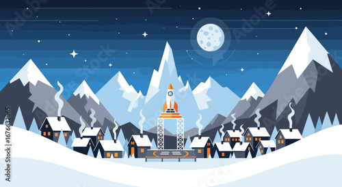 Rocket Launchpad in Snowy Mountain Village Under a Starry Night Sky