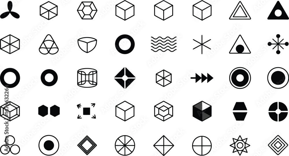Fototapeta premium Geometric Shapes and Symbol Icons Collection – Abstract Design Elements on Minimal Background for Modern Graphic Projects, Web Design, Branding, Posters, and Creative Digital Artwork
