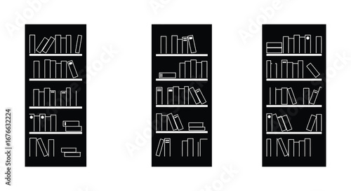 Three black bookcases with white outlines of books and shelves