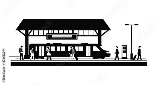 A black and white illustration of people waiting at a train station platform