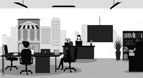 Office interior with people working and cityscape in background