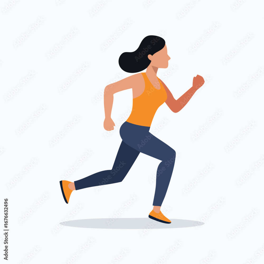 Fototapeta premium Woman running wearing orange tank top and blue leggings jogging fitness