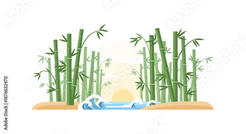 Serene Bamboo Grove with Gentle Waves and a Faint Sunset Glow
