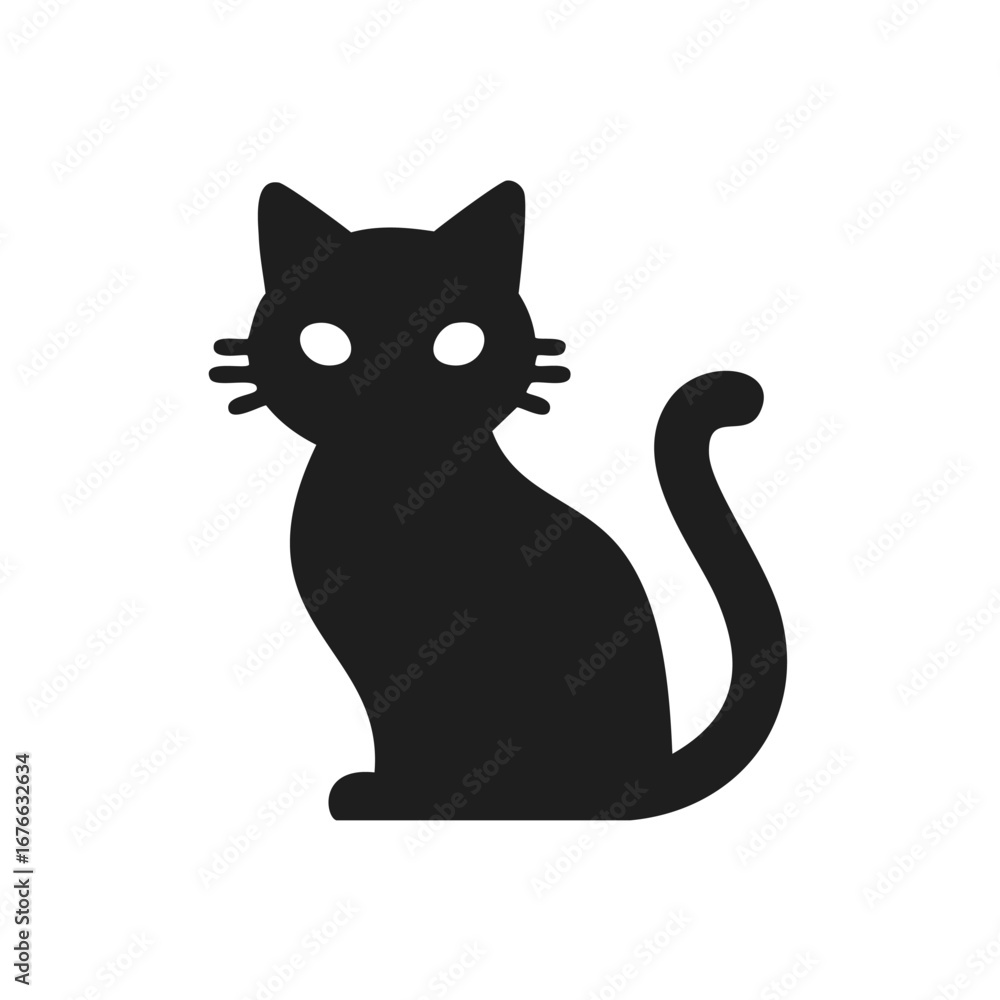 Obraz premium Black cat silhouette sitting with tail curled domestic animal feline