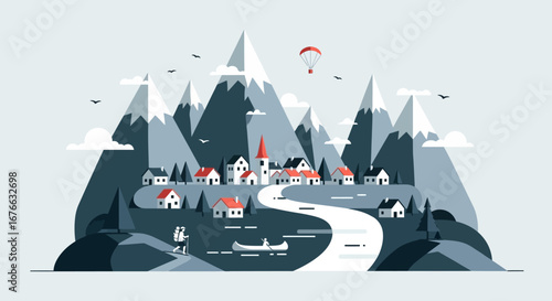 Serene Mountain Village with Hikers and Parasailor
